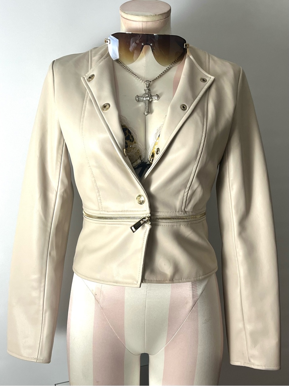 Zara Cream Faux Leather Zip-Peplum Jacket